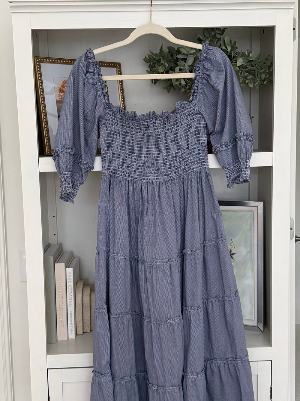 Hill House Blue Smocked Midi Dress with Puff Sleeves